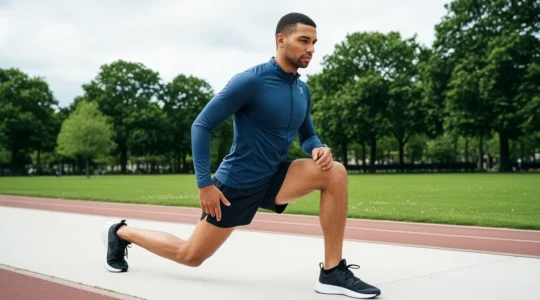 Coureur en tenue running effectuant des fentes dynamiques dans un parc