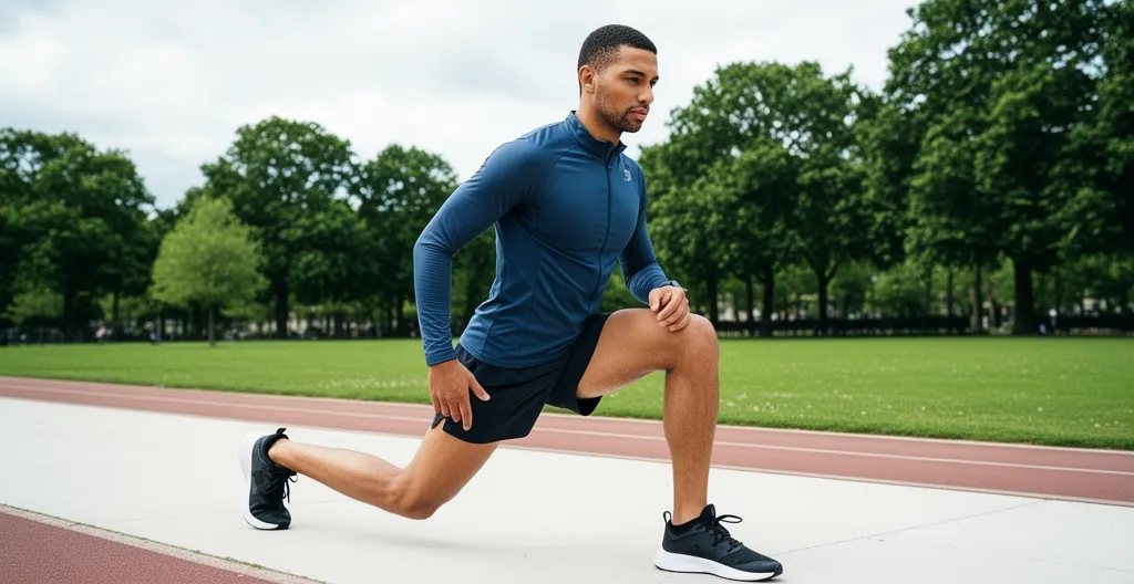 Coureur en tenue running effectuant des fentes dynamiques dans un parc